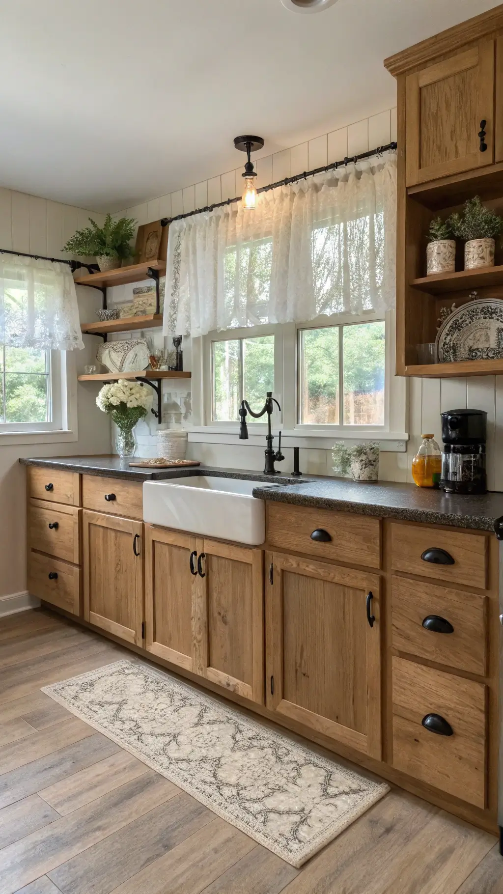 Cozy cottage kitchen with oak Shaker cabinets, butcher block countertops, ironstone on open shelves, and flowers on windowsill, illuminated by soft morning light through lace curtains.