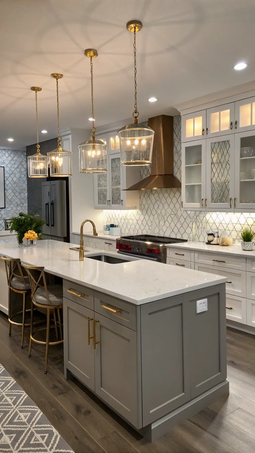 Modern open-concept kitchen with two-tone Shaker cabinets, brushed gold hardware, glass-front display cabinets, quartz island, and geometric tile backsplash, viewed from the dining area with dramatic evening lighting.
