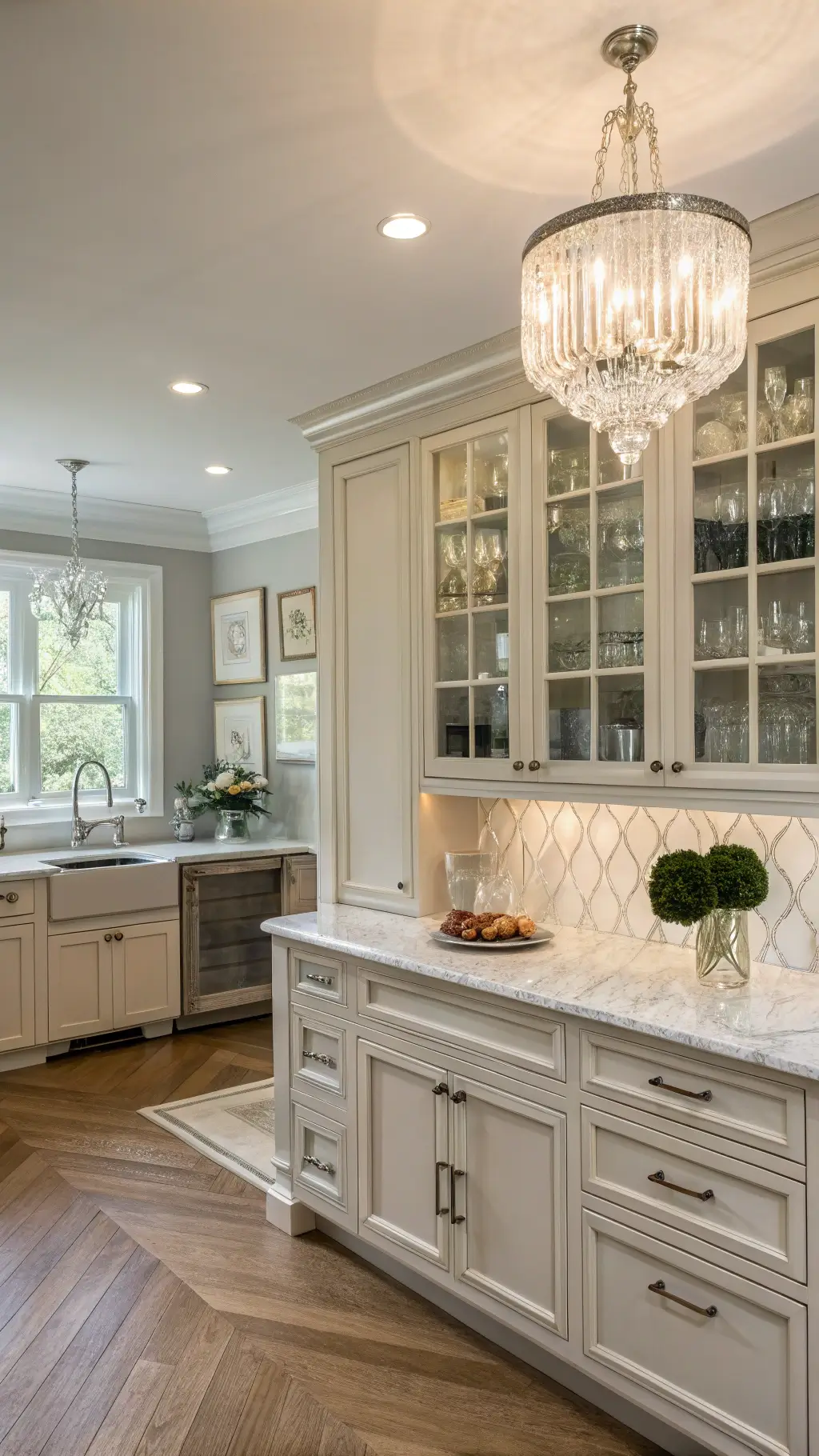 Elegant kitchen with cream Shaker cabinets, marble-topped island with crystal chandelier, silver-plated serving pieces, topiaries by window, herringbone wood floors, and soft gray walls