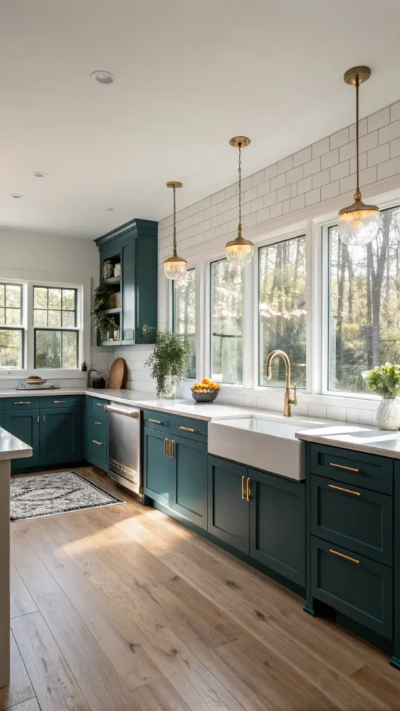 "Golden morning light shines through floor-to-ceiling windows illuminating a modern kitchen with deep teal shaker cabinets, white quartz waterfall island with brushed gold fixtures, blonde hardwood floors, white subway tile backsplash, and matte black appliances. Potted herbs on the windowsill add a touch of nature."