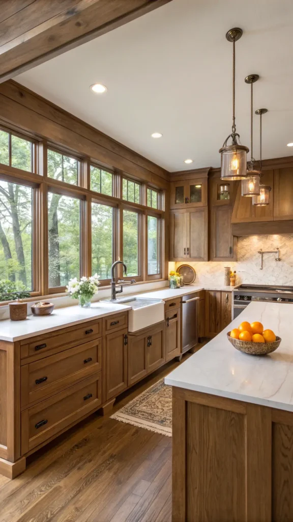 "Spacious transitional kitchen with oak cabinets, white quartz countertops, caramel-stained island, stainless steel appliances, and farmhouse sink, adorned with a bowl of citrus and copper cookware, bathed in warm morning light."