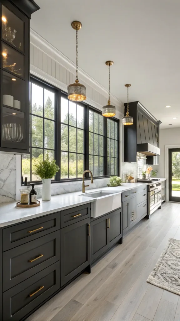 "Modern kitchen featuring Iron Ore cabinets, Calacatta marble countertops, white oak flooring, and brushed gold faucet with morning light streaming in through large window over farmhouse sink."