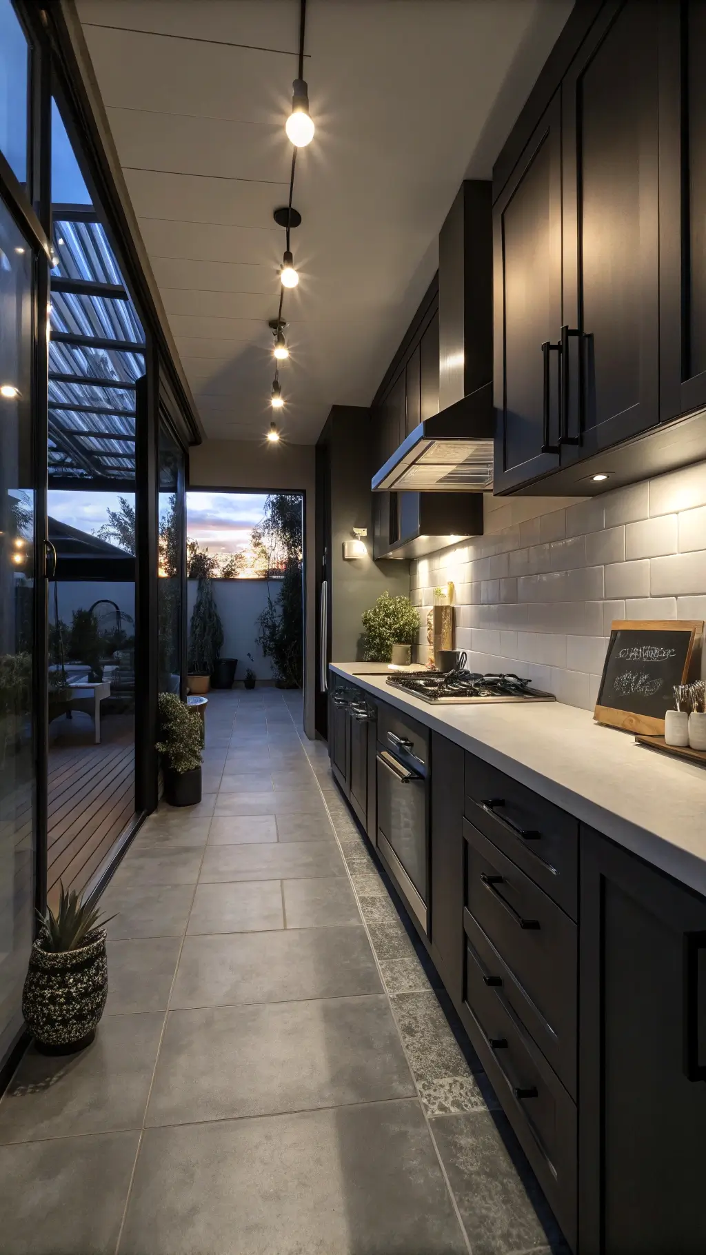 Dusk view of a moody 10x12ft galley kitchen with charcoal cabinets, white quartz countertops, industrial pendant lights, gray porcelain floor tiles, stainless steel appliances, and architectural dried botanicals.