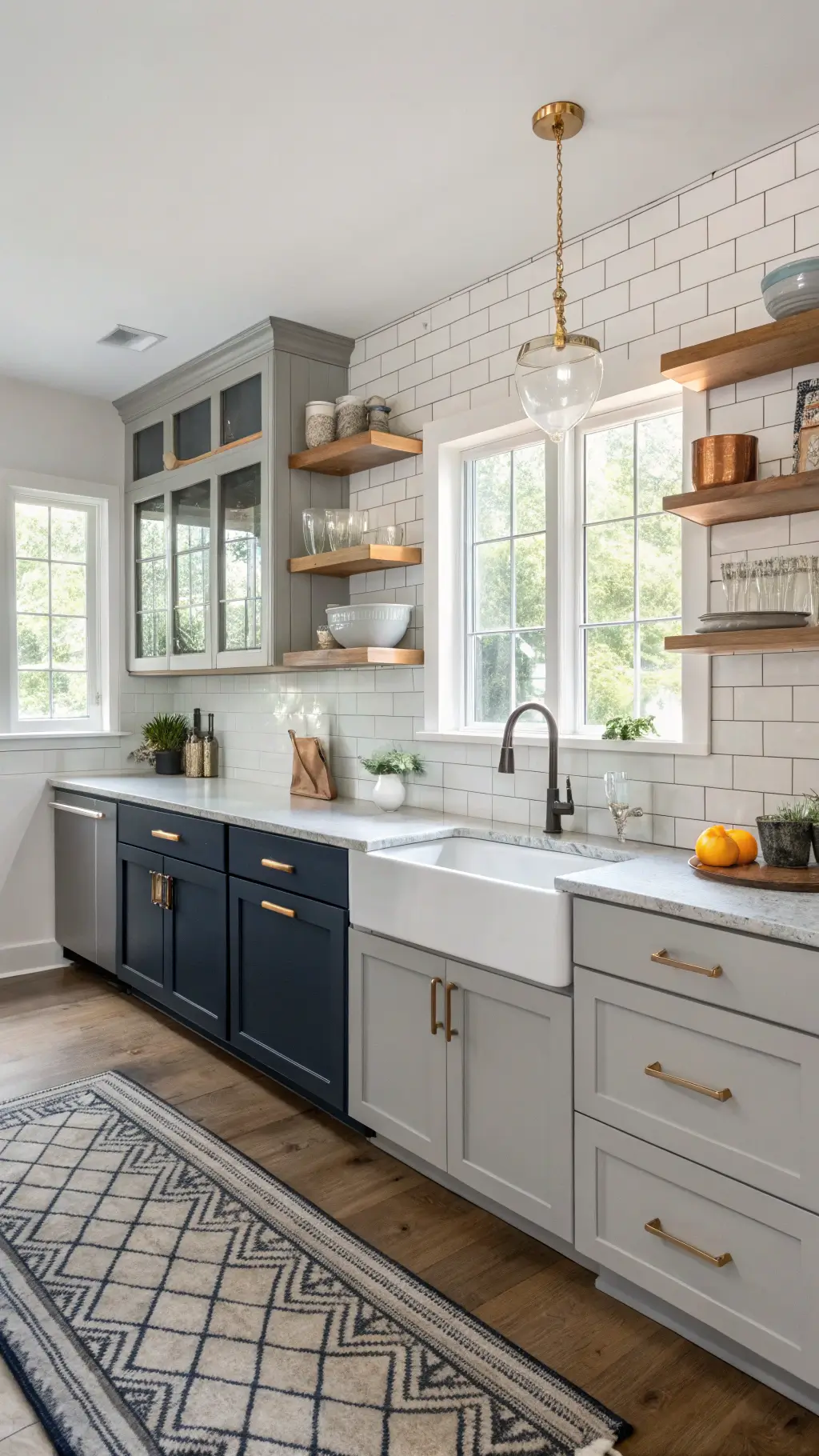 Sun-drenched transitional kitchen with dual-tone gray and navy cabinets, brass hardware, light oak open shelving, and white subway tile backsplash, styled with mixed metals and artisanal pottery.