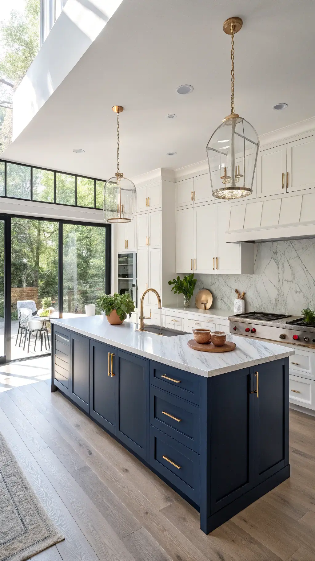 Bright modern kitchen with navy blue lower cabinets, white upper cabinets, marble island, white oak flooring, and accentuated with copper cookware and fresh herbs.