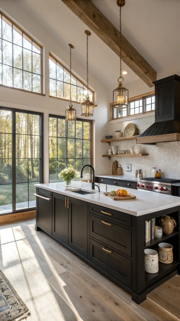 "Rustic kitchen with black shaker cabinets, white quartz island, and aged brass pendant lights bathed in golden hour sunlight"