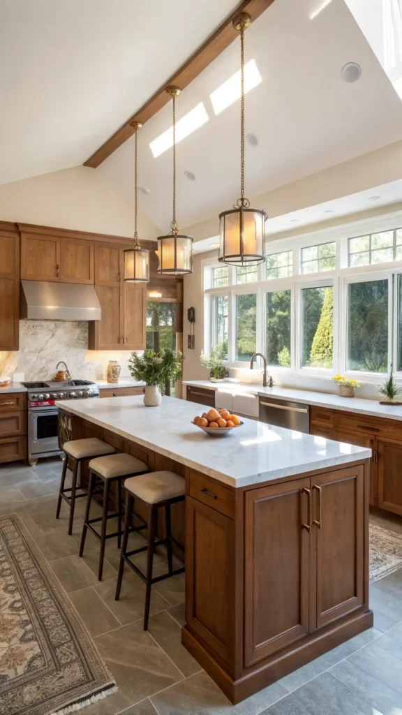"Transitional kitchen interior with cherry Shaker-style cabinets, white quartz countertops, and weathered leather barstools under aged brass pendant lights, illuminated by golden hour sunlight through a large window."