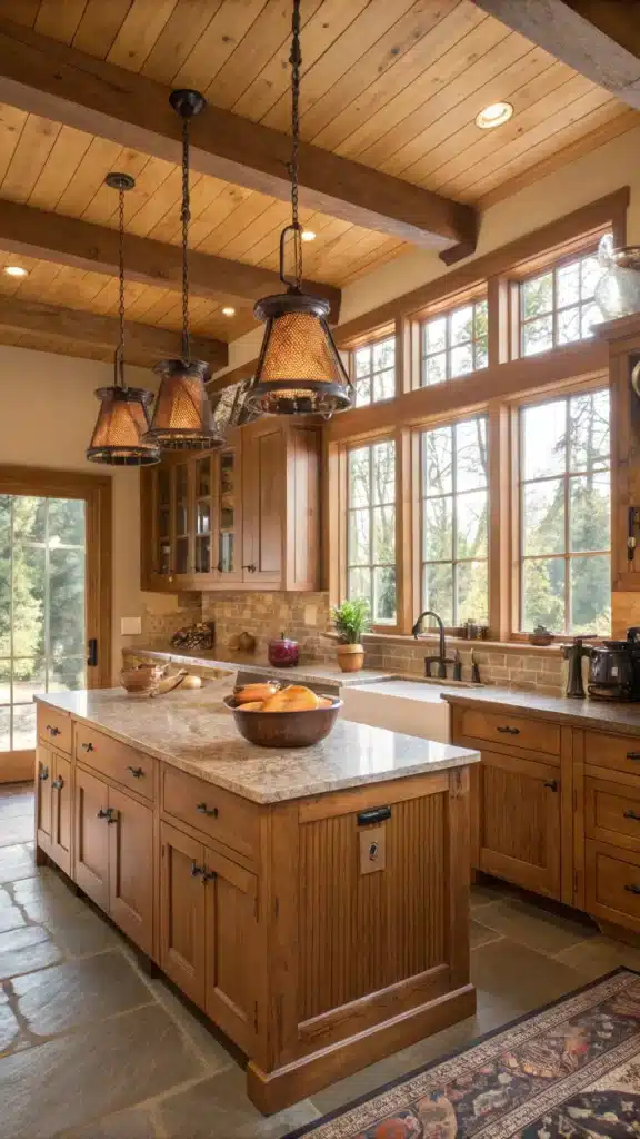 "Sun-drenched farmhouse kitchen with honey-toned oak cabinets, iron cup pulls, and a massive soapstone-topped island, decorated with vintage copper pots, fresh herbs in earthenware pots, and a weathered bread board."