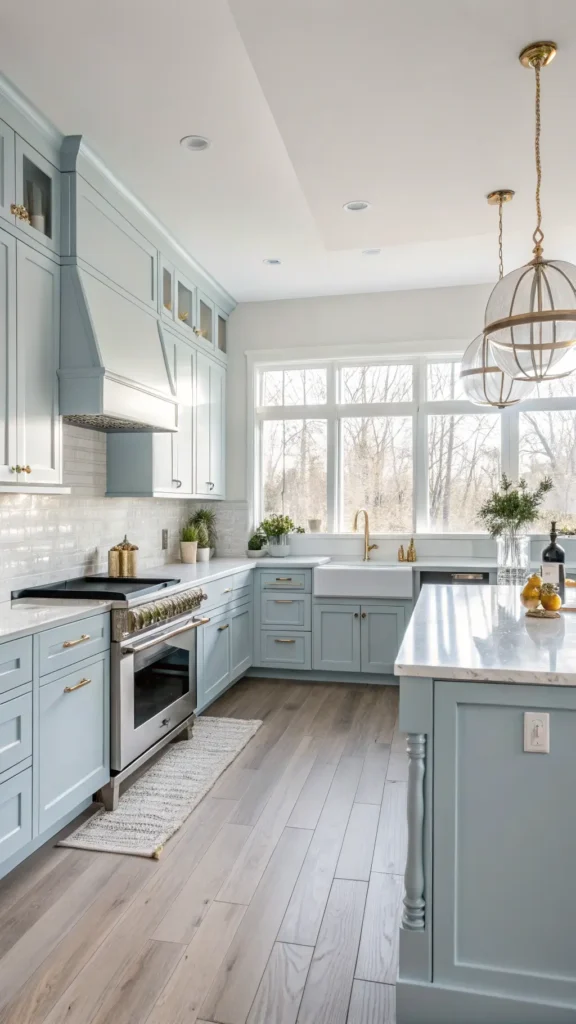 "Sunny, spacious kitchen with pale blue cabinets, white quartz countertops, white oak flooring, marble island, stainless appliances, and decor including white vases with eucalyptus and copper cookware."