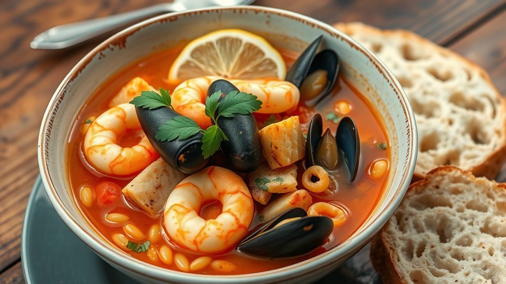Mediterranean Seafood Orzo Soup
