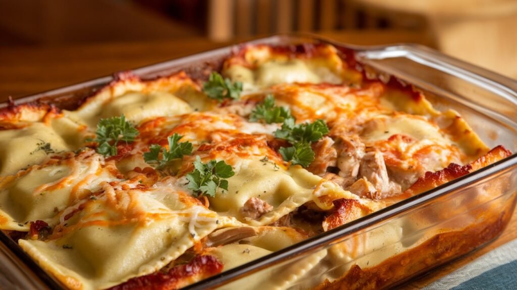 Chicken Marsala Ravioli Bake