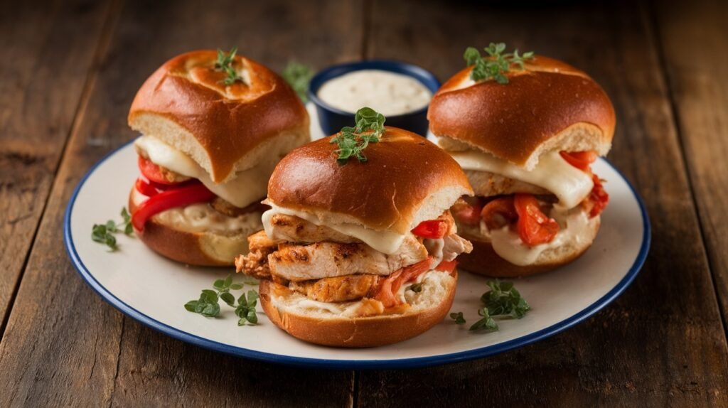 Chicken Philly Sliders on Pretzel Buns