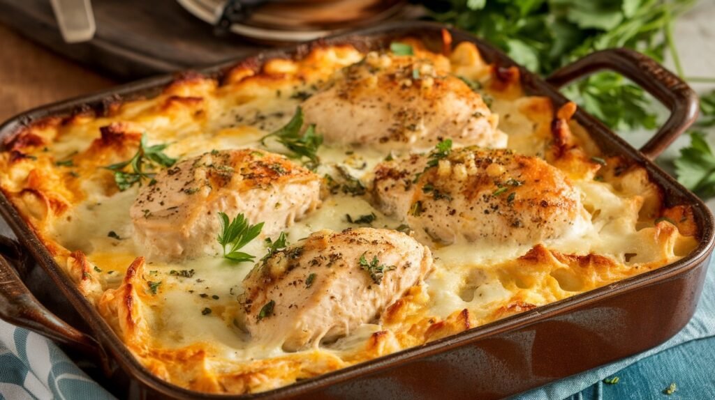Chicken and Roasted Garlic Alfredo Bake