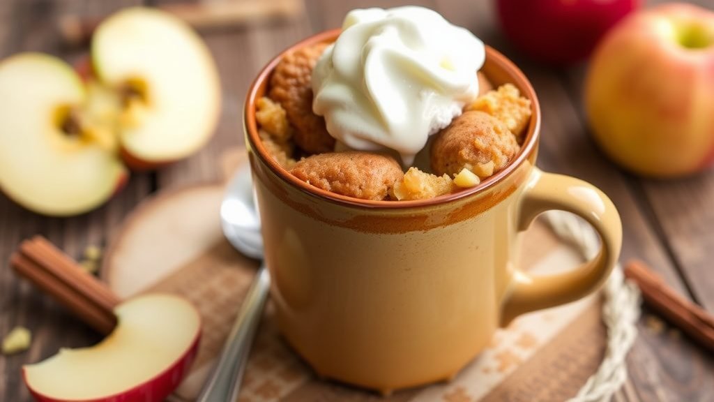 a mug of dessert with whipped cream and apples