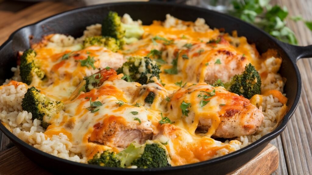 One Pan Cheesy Chicken Broccoli And Rice Recipe