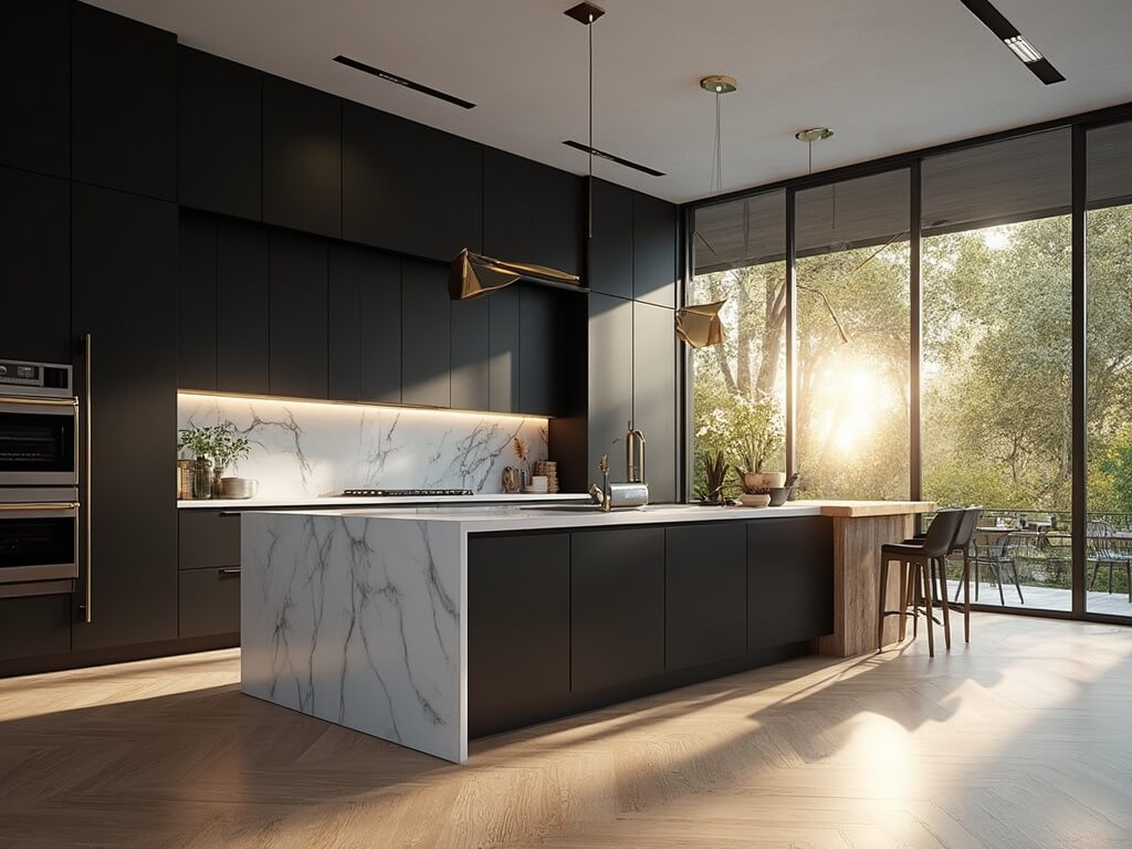 "Modern luxury kitchen interior with black cabinets, white quartz island, and professional-grade stainless steel appliances lit by natural sunlight from floor-to-ceiling windows"
