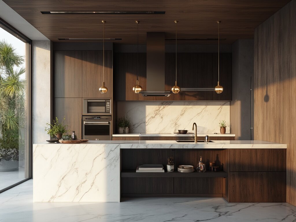 "Modern kitchen with dark stained cabinets, white quartz island, brass pendant lights, high-end appliances, marble countertops, and copper cookware illuminated by natural golden hour light"