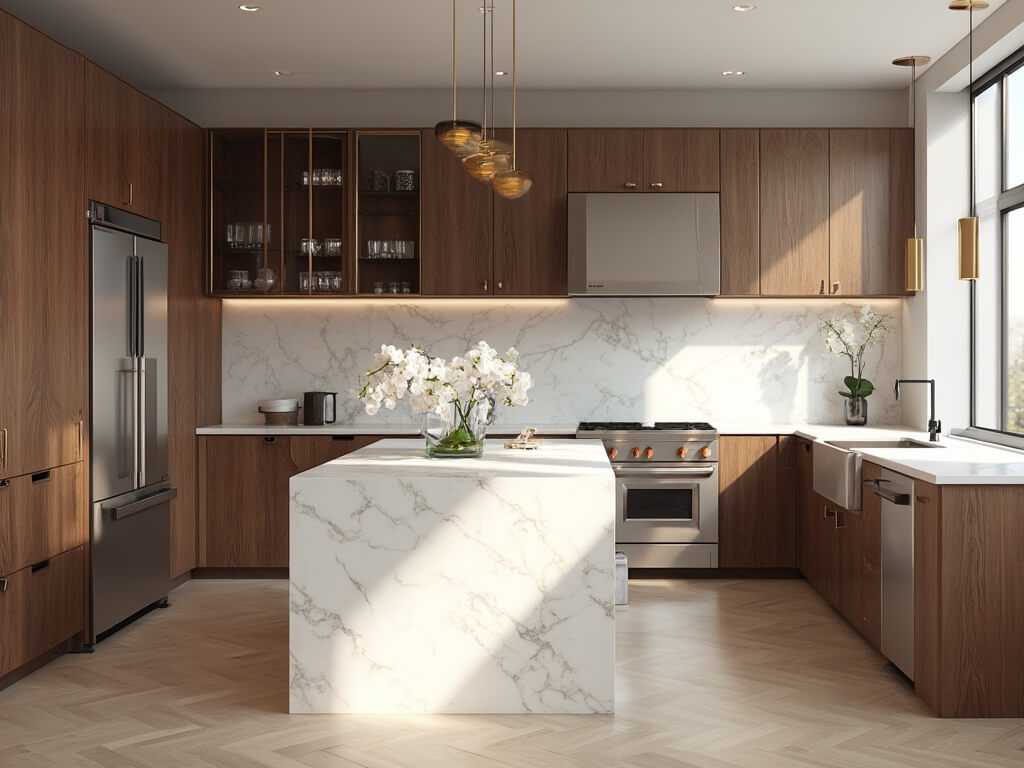 "Modern luxury kitchen with dark oak shaker cabinets, white marble island, and high-end appliances in soft morning light"