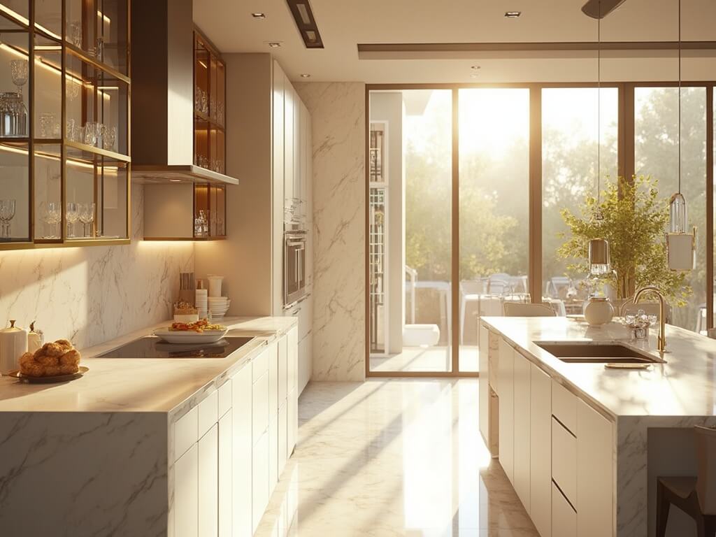 "Sunlit modern luxury kitchen featuring glass-front cabinets, white marble countertops and a massive island, with fine dishware displayed in illuminated cabinets."