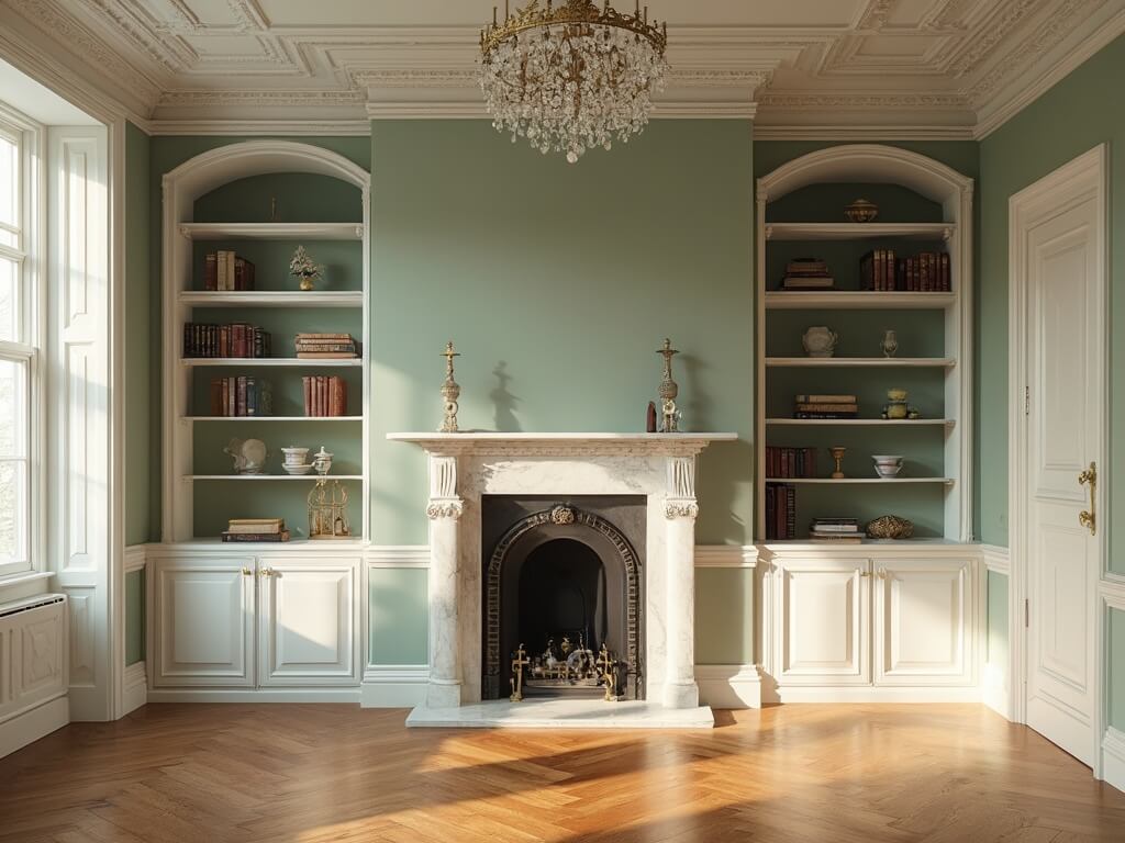 "Elegant Victorian living room with sage green walls, white alcove cabinets, marble fireplace, and vintage decor during golden hour"