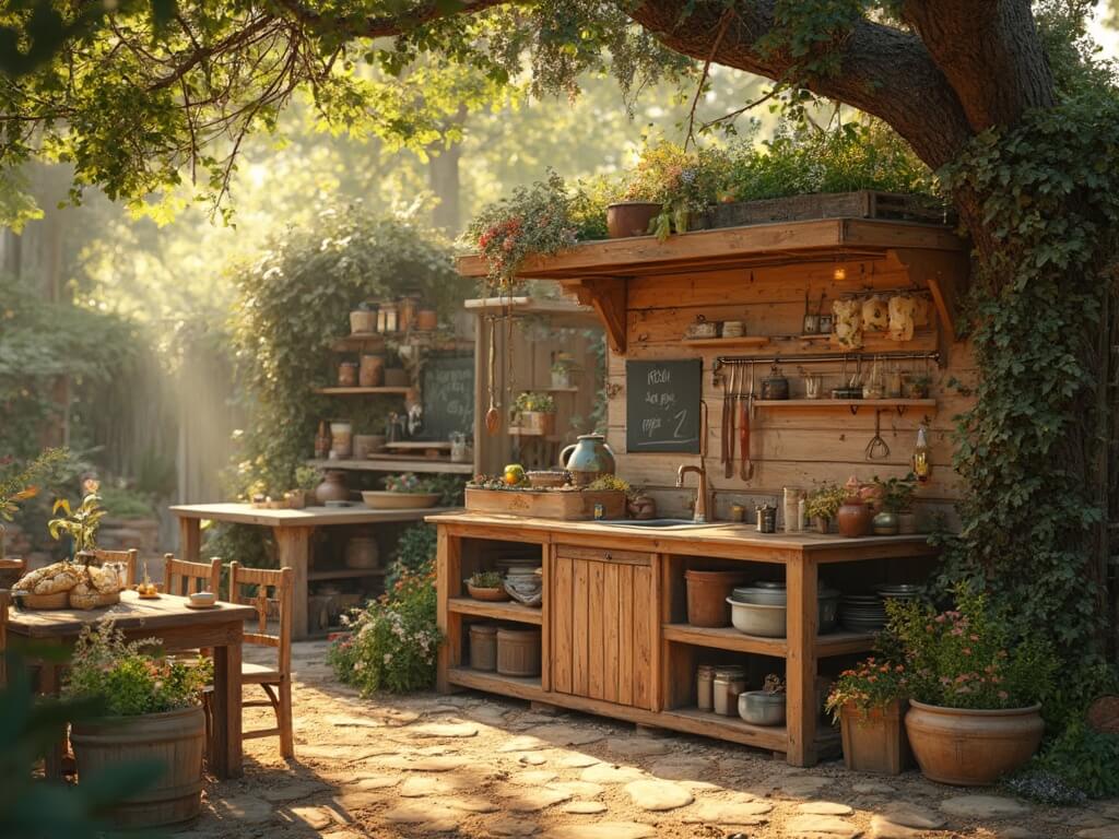 "Magical children's outdoor mud kitchen with golden hour lighting, cedar workstation, vintage sink, hanging utensils, chalkboard menu, flower-filled mason jars, wooden pallet workspace, metal bins, herb wall, weathered crate shelving, and natural stone 'ingredients'"