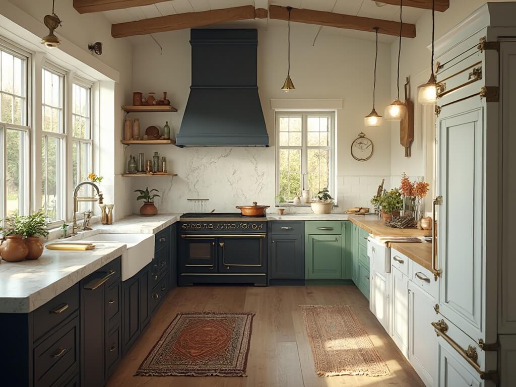 "Sunlit farmhouse kitchen showcasing various cabinet colors and textures, including white, navy blue, oak, black and white, and sage green"