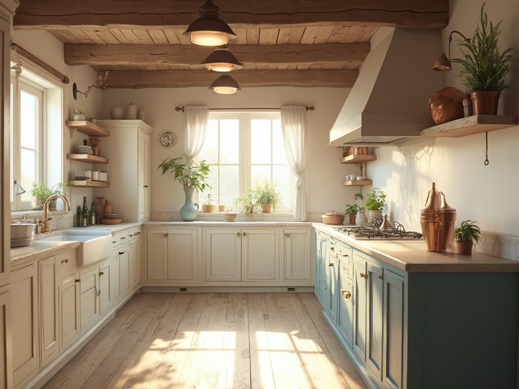 "Sun-drenched farmhouse kitchen with vintage brass hardware, distressed blue-gray island and an array of copper cookware during golden hour"