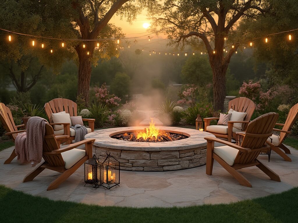 "Luxurious backyard with stone fire pit, teak Adirondack chairs, string lights, and cozy earth-toned blankets at golden hour"