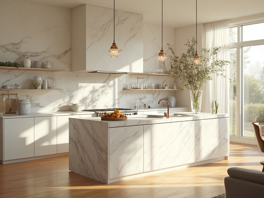 "Luxury alabaster kitchen with natural light, marble island, hardwood floors, and vintage copper pendant lights"