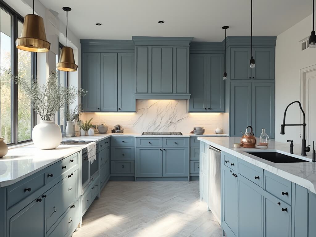 "Luxury kitchen with blue-grey shaker cabinets, white marble waterfall island, brass pendant lights, white oak herringbone flooring and styled accessories in morning sunlight"