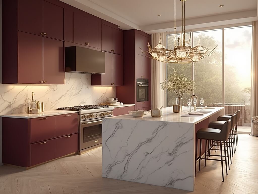 "Luxury burgundy kitchen with white marble backsplash, gold accents, and professional appliances, shot during golden hour"
