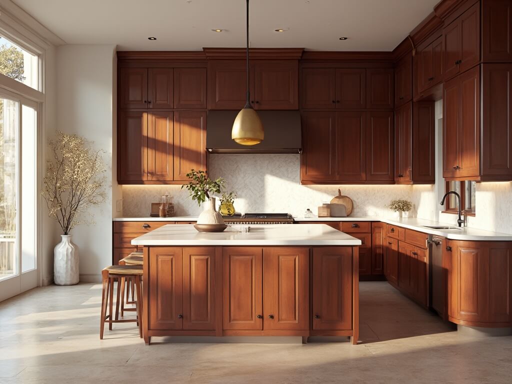 "Luxury open-concept cherry wood kitchen with white quartz countertops and dramatic lighting"