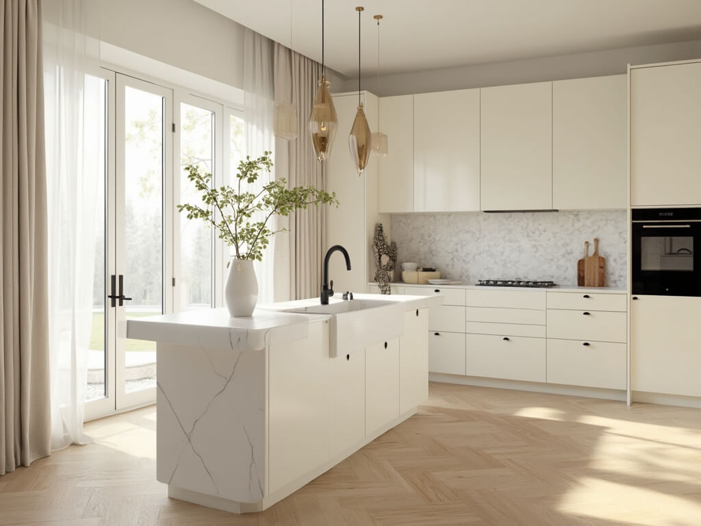"Minimalist cream kitchen with white quartz island, stainless steel appliances, light oak herringbone flooring, and marble hexagon backsplash in the morning sunlight"