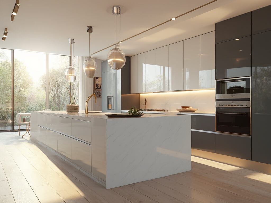 "Luxury high gloss kitchen with white and grey cabinets, quartz waterfall island, and modern stainless steel appliances during golden hour"
