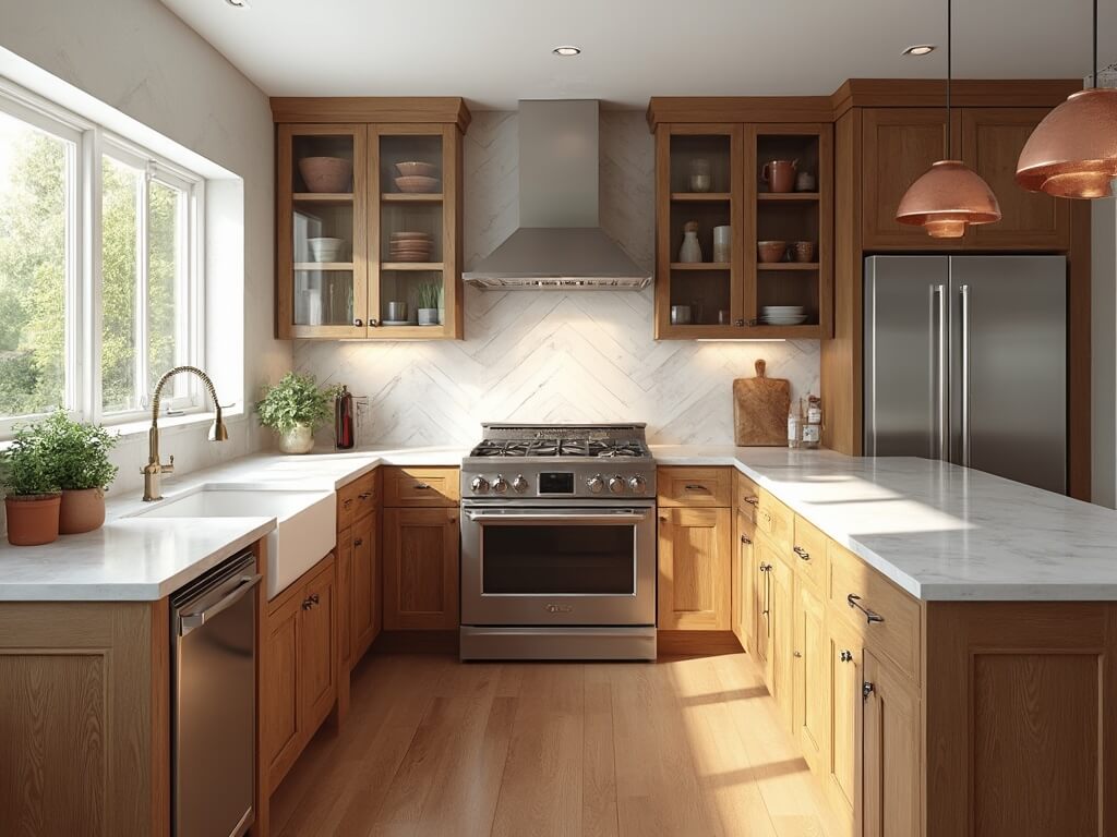 "Luxury transitional kitchen with oak stained cabinets, quartz countertops, professional appliances, and artisanal decor, bathed in warm morning light"