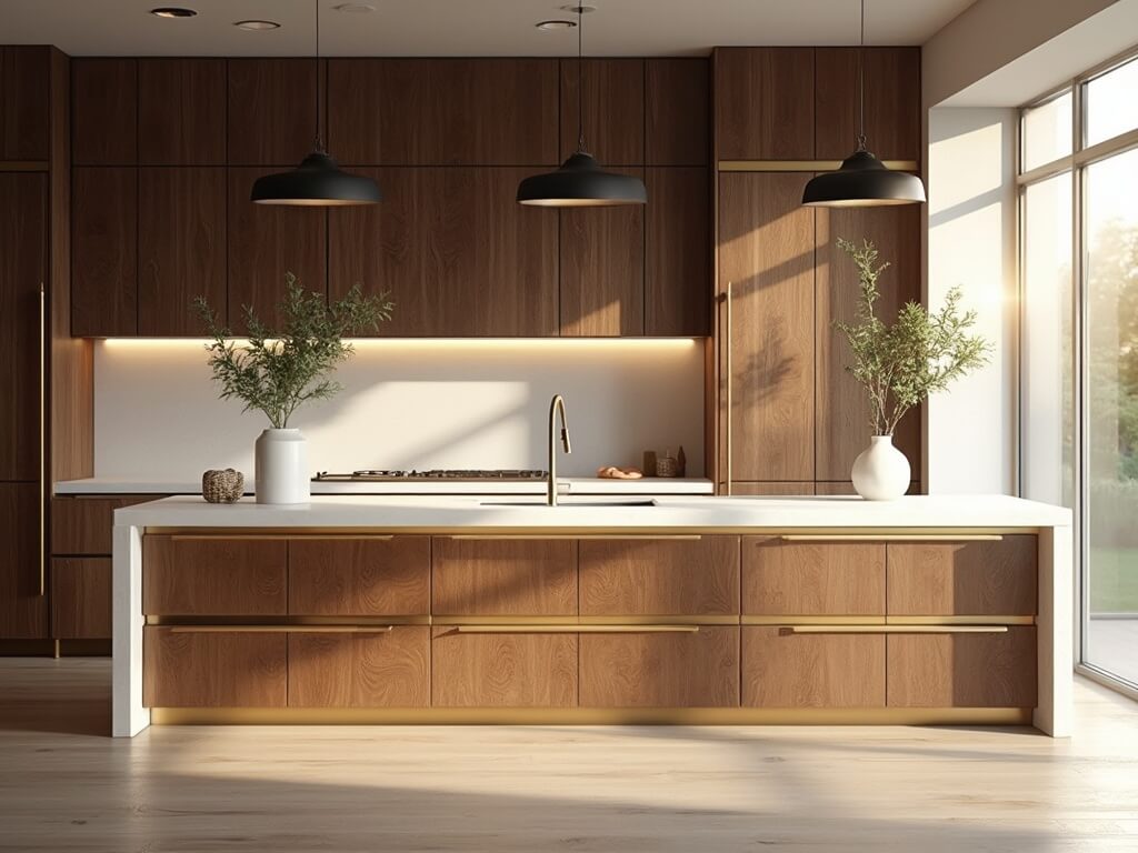 "Luxurious modern kitchen with dark walnut cabinets, white quartz island, and gold accents in natural morning light"