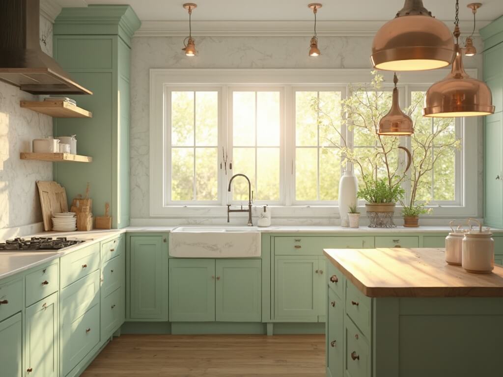 "Mint green Shaker-style kitchen with Carrara marble countertops, large windows, farmhouse sink, butcher block island, and vintage copper pendant lights during the golden hour"