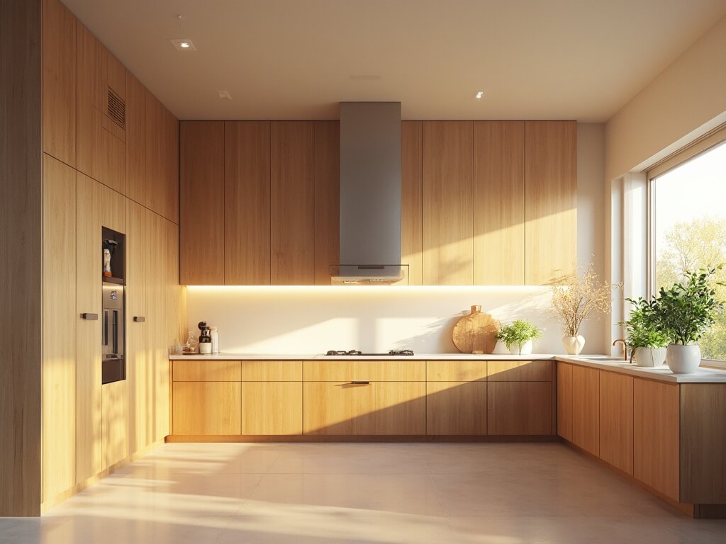 "Sunlit modern kitchen with alder wood cabinets and quartz countertops"