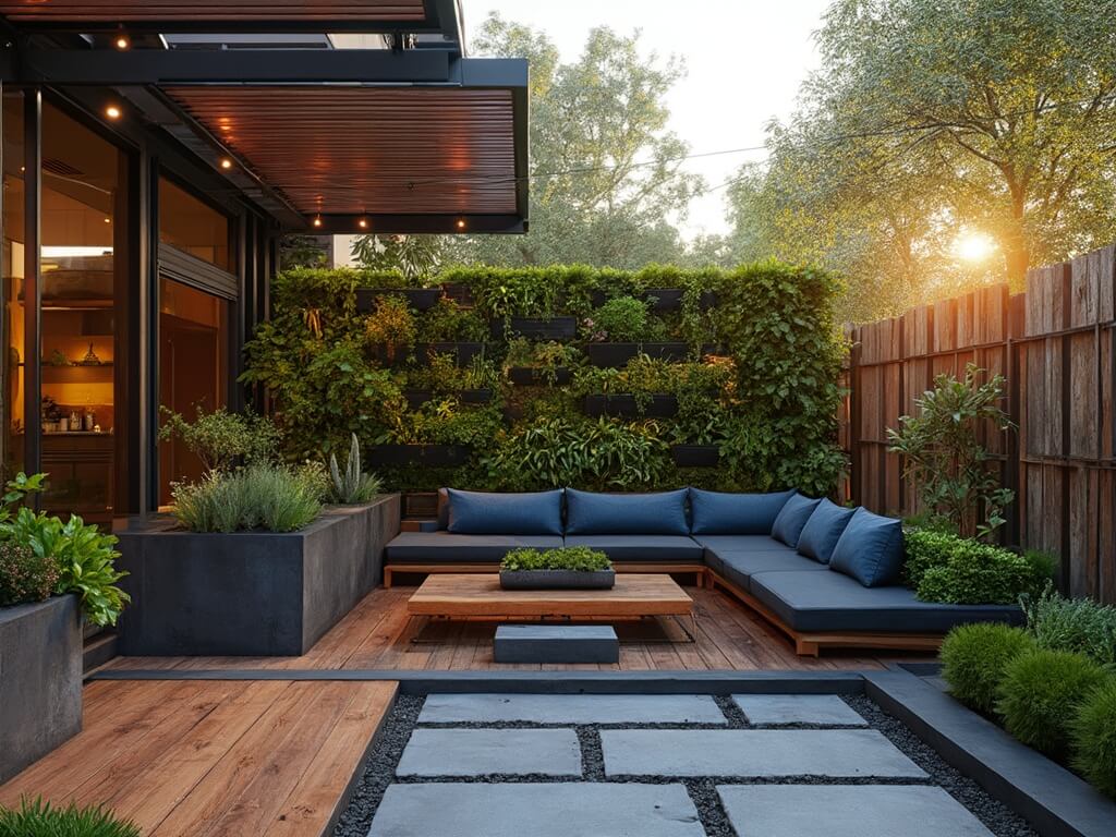 "Modern urban backyard with vertical garden wall, cedar deck, contemporary teak sectional, and copper water feature at golden hour"