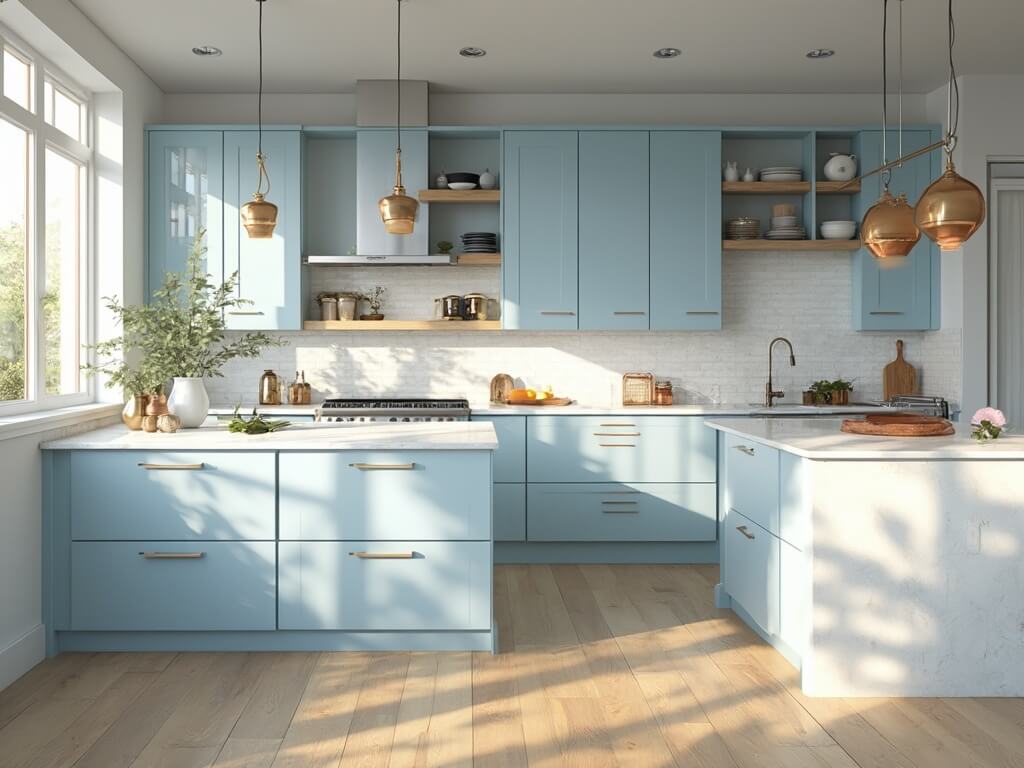 "Modern pale blue kitchen interior with natural lighting, featuring shaker cabinets, white quartz countertops, oak flooring, a central marble island with brass pendant lights, stainless steel appliances, and decorative details like fresh eucalyptus in white vases. Detailed textures and shadows visible, shot in high resolution."