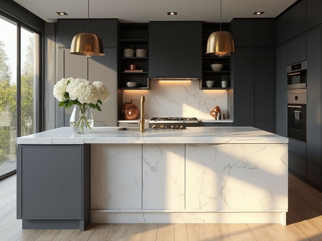 "Modern luxury kitchen with charcoal gray cabinets, Carrara marble island, and natural sunlight"