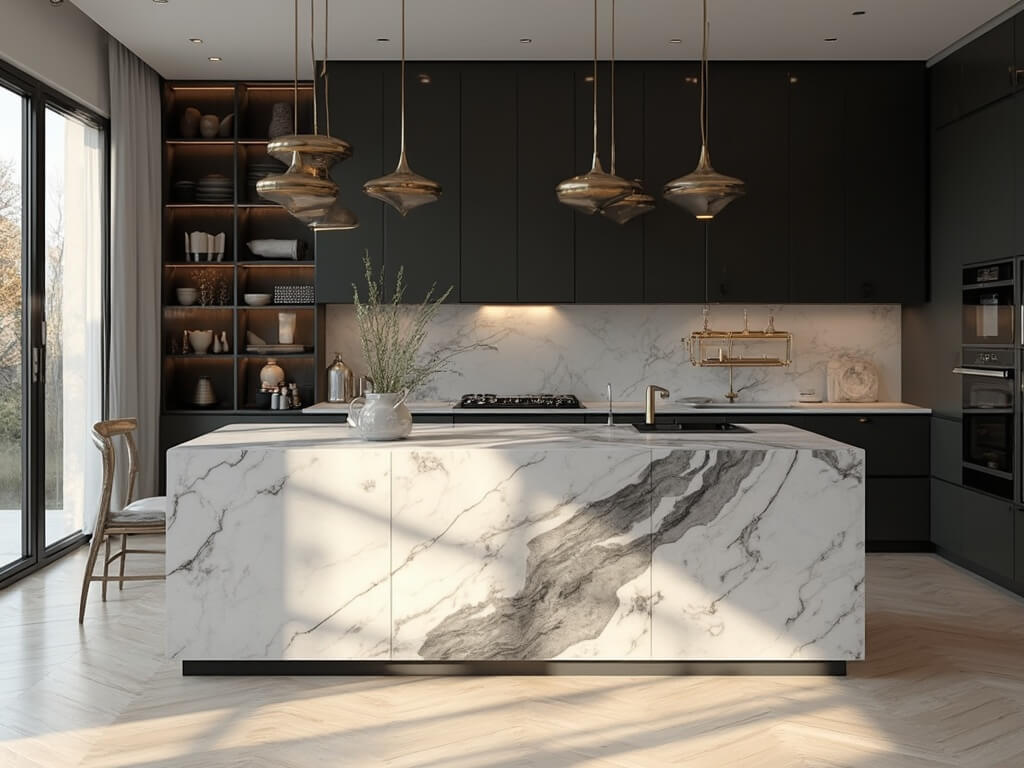 "Luxurious modern kitchen with charcoal cabinets, marble island, brass pendant lights, and chevron oak flooring, illuminated by natural light through floor-to-ceiling windows"