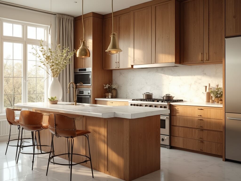 "Sunlit transitional kitchen with medium cherry Shaker-style cabinets, white quartz countertops, and aged brass hardware"