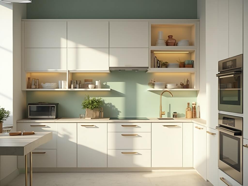 "Modern compact kitchen with white cabinets, cream quartz countertops, stainless steel appliances, and sage green accent wall in natural morning light"