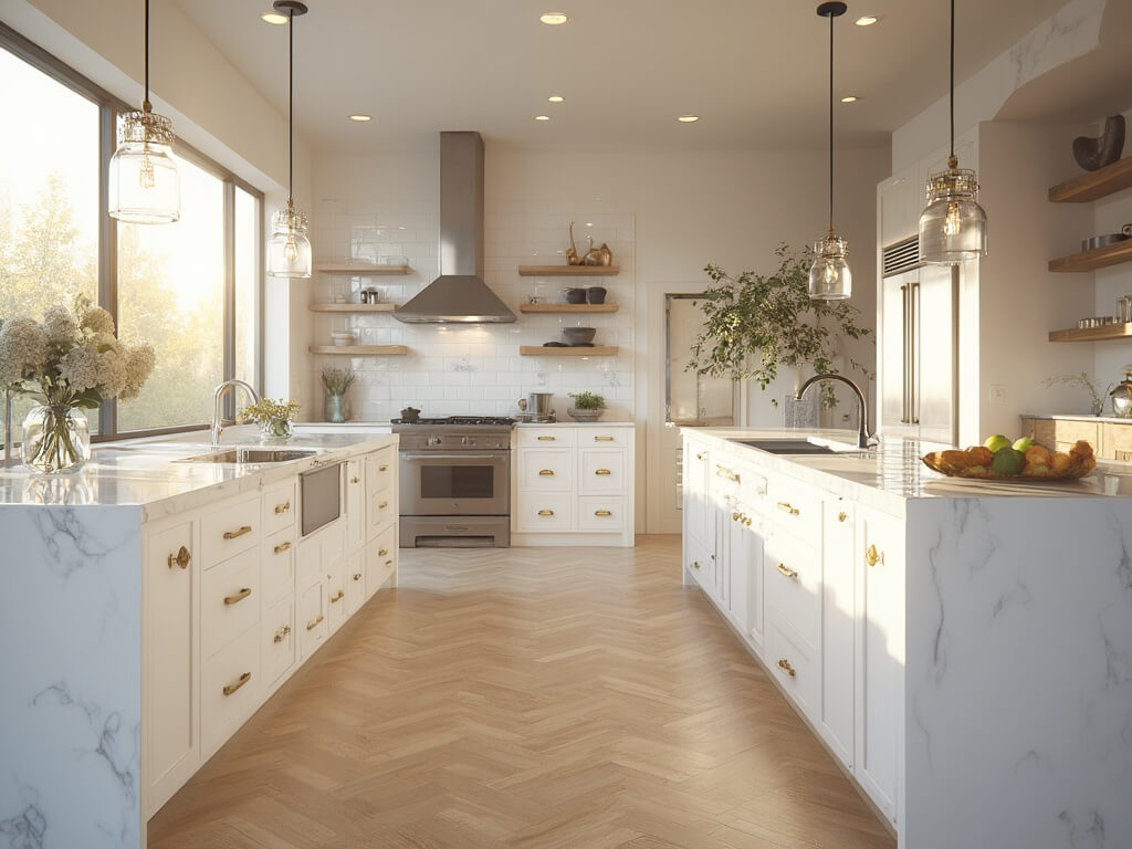 "Luxurious modern farmhouse kitchen with white shaker cabinets, marble waterfall island, and stainless steel appliances bathed in golden hour sunlight"