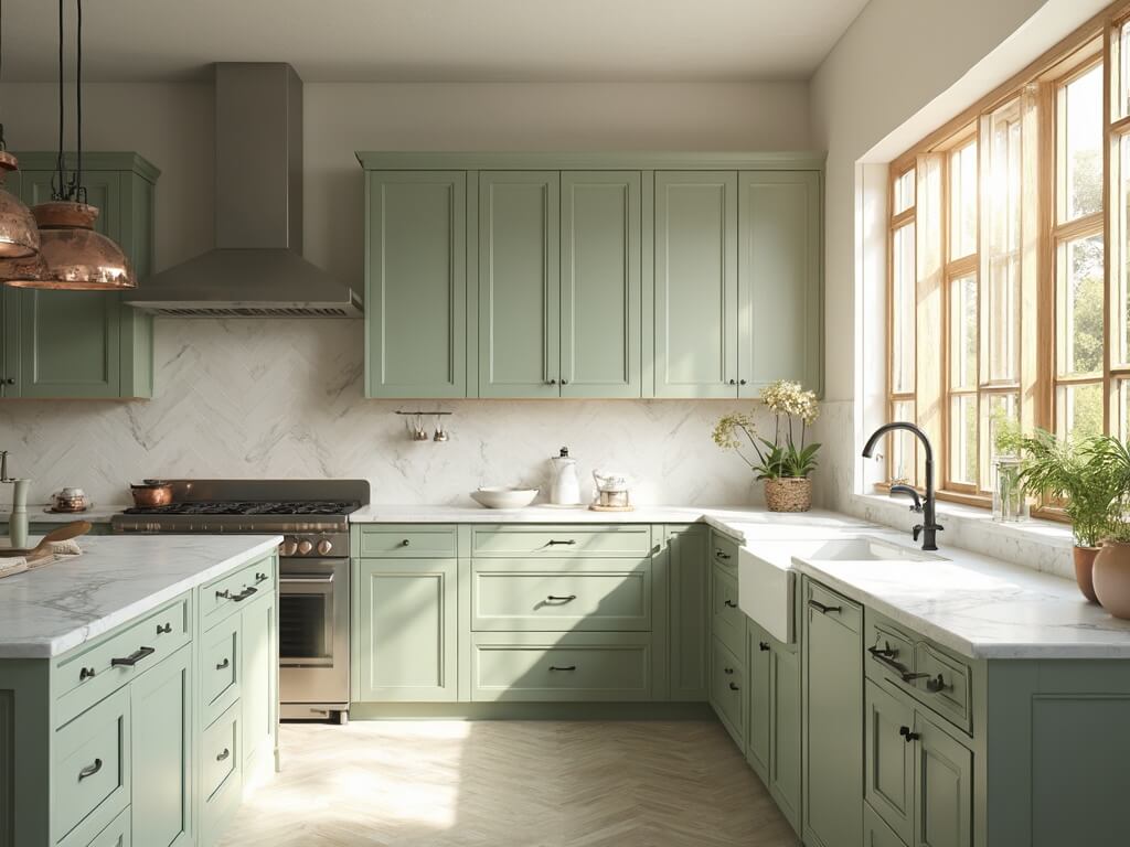 "Sunlit modern farmhouse kitchen with sage green shaker cabinets, Carrara marble countertops, white oak herringbone floors, quartz-topped center island and vintage copper pendant lights"