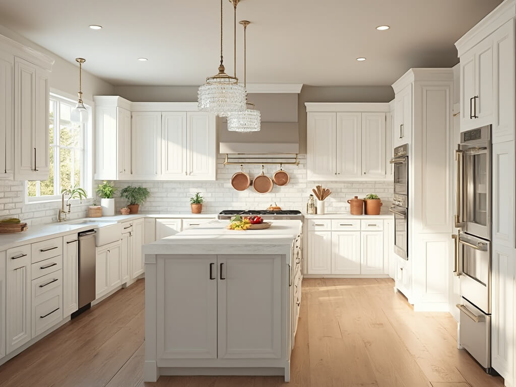 "Sunlit modern farmhouse kitchen with white Shaker cabinets, marble island, oak floors, subway tile backsplash, and vintage copper cookware"