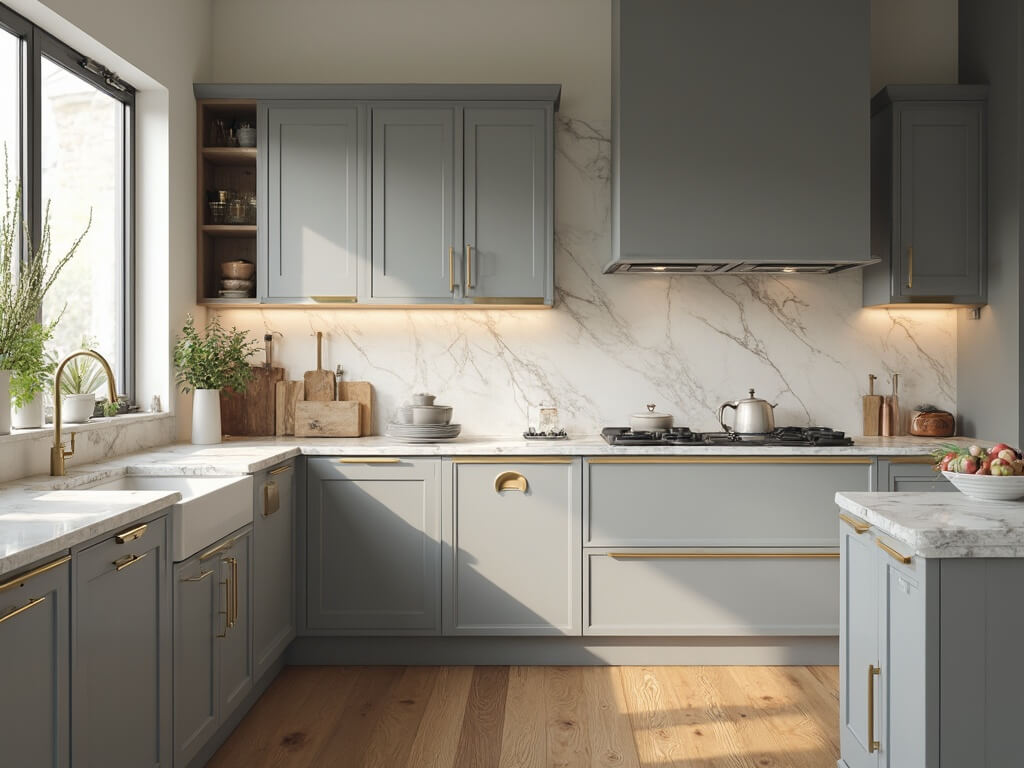 "Modern luxurious kitchen with Shaker-style gray cabinets, Carrara marble countertops, brushed brass hardware, and wide-plank oak flooring in high resolution"