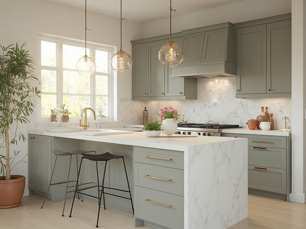 "Modern greige kitchen interior with white quartz island, farmhouse sink, and natural light"