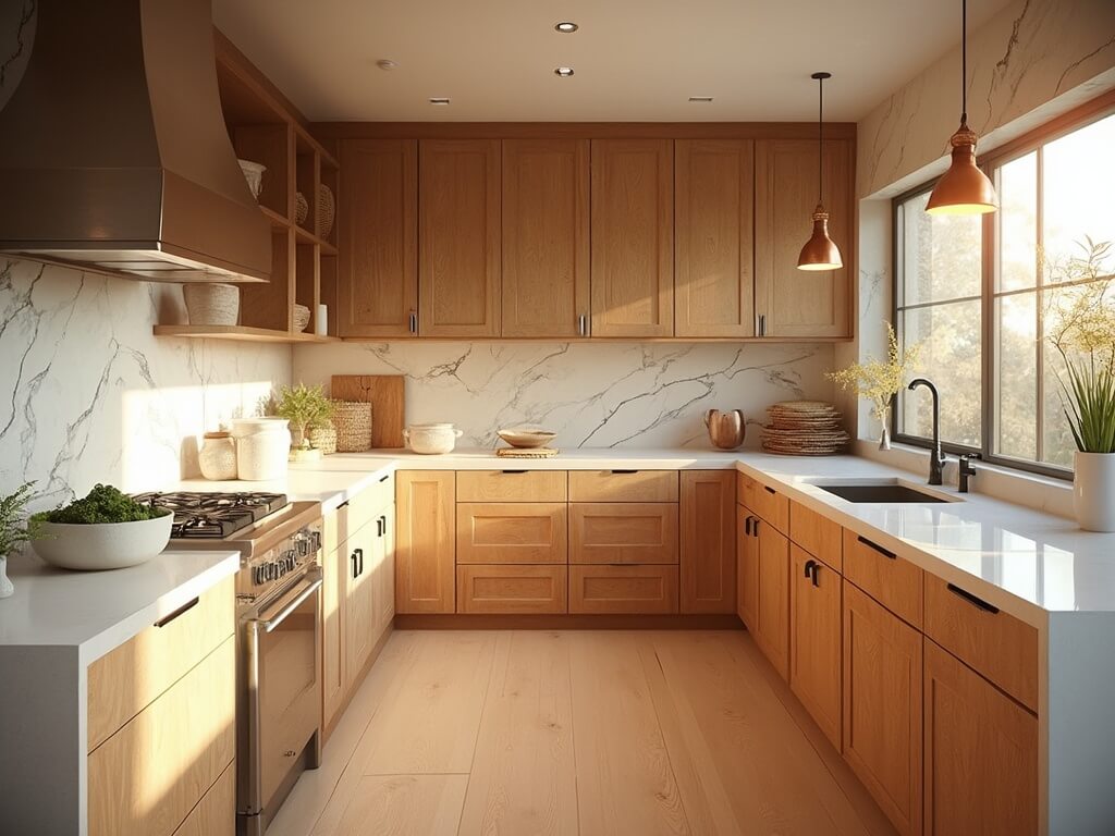 "Luxurious modern kitchen with warm sunlight, hickory cabinets, quartz island, professional appliances and modern decor, shot on Canon EOS R5"